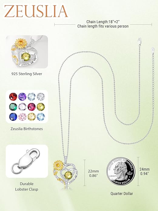 Zeuslia Double Birthstone Necklace Gifts for Wife - 925 Sterling Silver Sunflower/Rose/Crown Cross/Compass/Heart Pendant I Love You Necklace, Anniversary Birthday Gifts for Wife Girlfriend Mom Her
