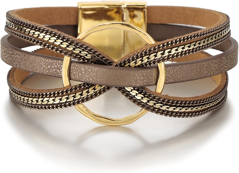 Edoneery Leather Wrap Bracelet for Women, Boho Handmade Multi-Layer Cuff with Crystal Beads Heart, Stackable Bangle Western Jewelry Gift