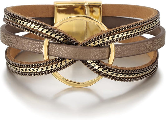 Edoneery Leather Wrap Bracelet for Women, Boho Handmade Multi-Layer Cuff with Crystal Beads Heart, Stackable Bangle Western Jewelry Gift