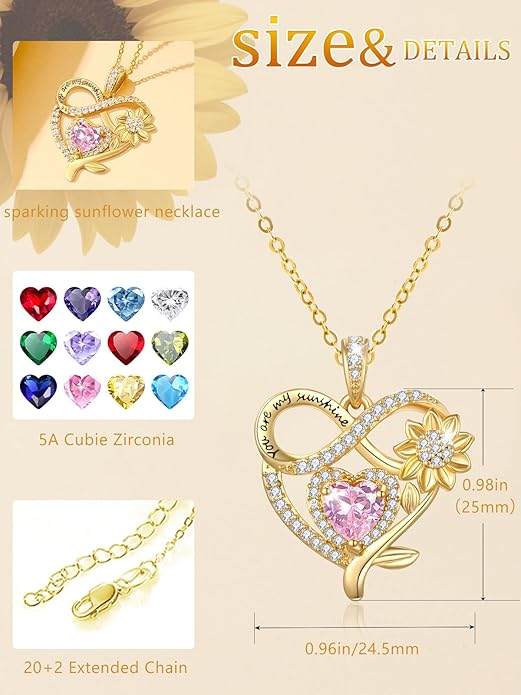 14K Gold Sunflower Heart Necklace for Women, You Are My Sunshine Jewelry with Birthstone Pendant, Anniversary Birthday Gifts for Her Wife Mom Grandma Daughter