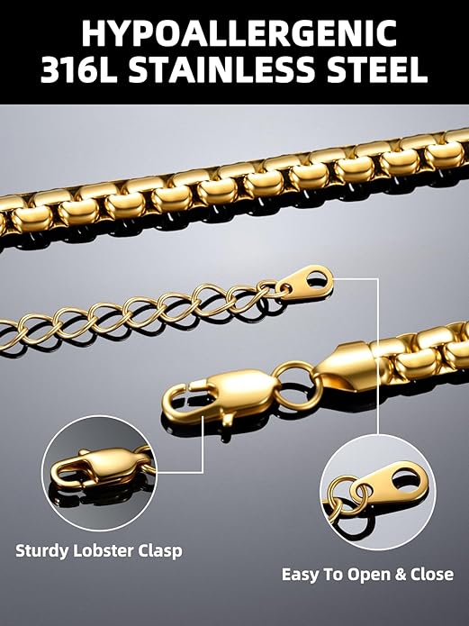 Bestyle 18K Gold Plated/Silver/Black Chain for Men, Hypoallergenic 2/4/6/8mm Stainless Steel Flat Link Chain Necklace for Men & Women Hip Hop Jewelry, 14-30"
