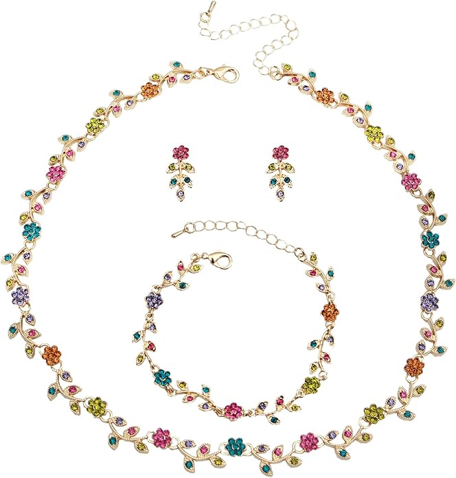 Austrian Crystal Rhinestone Choker Necklace Dangle Earring Link Bracelet Jewelry Set for Brides Bridesmaid Prom Costume Accessories for Women