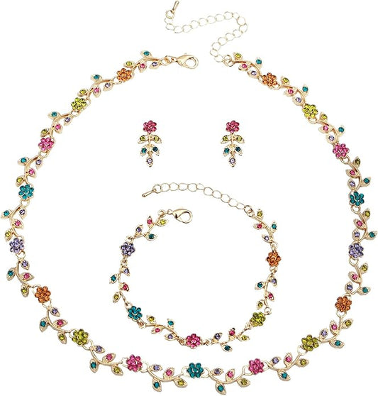 Austrian Crystal Rhinestone Choker Necklace Dangle Earring Link Bracelet Jewelry Set for Brides Bridesmaid Prom Costume Accessories for Women