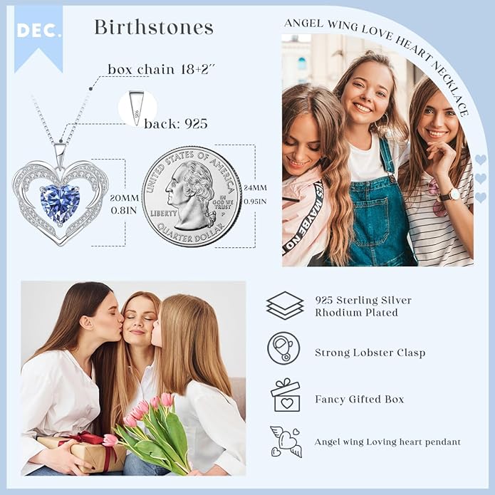 Heart Necklaces Valentine's Gift for Women, Birthstone 925 Sterling Silver Angel Wings Love Pendant Necklaces for Women, Jewelry Gifts for Wife, Anniversary, Mother's day