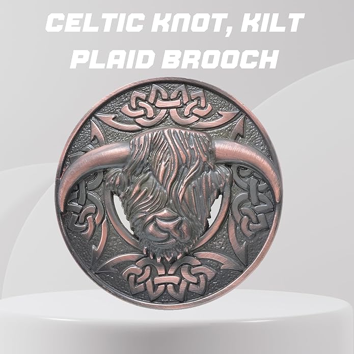 Highland Cow Kilt Brooch with Celtic Knot - Traditional Scottish Helian Coo Plaid Brooches for Men – Handcrafted Tartan Sash Pin, Luxurious Accessory for Women’s Dress