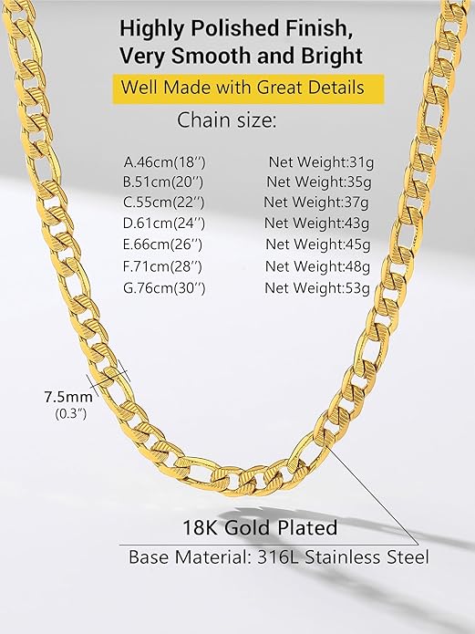 PROSTEEL 316L Stainless Steel Figaro Cuban Chain Necklace for Men, Black/18K Real Gold Plated, 4/5/6/7.5/9/10/13mm, 14inch-30inch, Come with Box