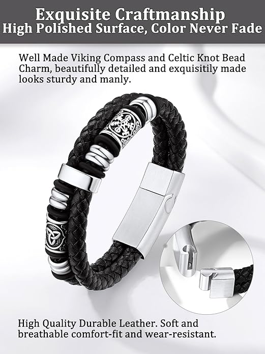 Bestyle Genuine Men Leather Bracelets Fashion Stainless Steel Celtic/Sport Ball Bead Cuff Wirstband Bracelets for Men, Size 7.5/8.3/9.1Inch