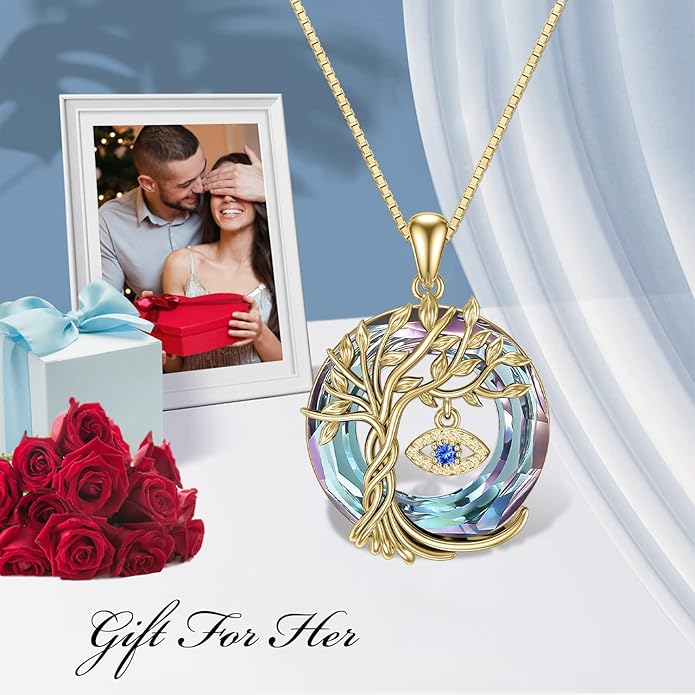TOUPOP Evil Eye Necklace 925 Sterling Silver Tree of Life Circle Crystal Pendant Necklace Protection Jewelry Amulet Christmas Gifts for Women Her
