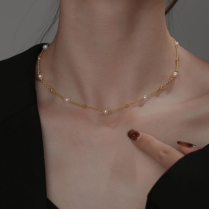 SmileBelle Pearl Necklaces for Women, Daisy Pearl Choker as Y Shaped Pearls Jewelry Gold Heart Necklace for Anniversary Birthday Gifts White Baroque Necklace as Wedding Jewelry