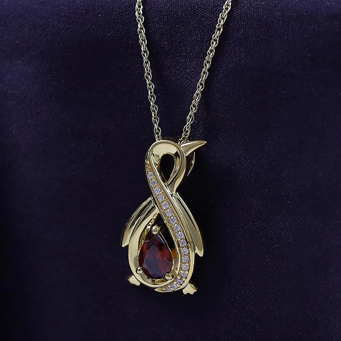 Infinity Penguin Pendant Necklace for Women, 14K Gold Over Sterling Silver with Pear & Round Cut Simulated Birthstone & White Diamond Accents, Dainty Animal Jewelry Gift with 18" Chain