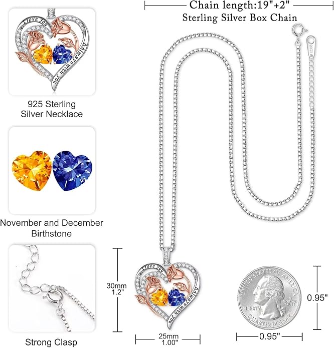 Iefil Birthstone Necklace for Women - 925 Sterling Silver Rose Heart Birthstone Necklace Birthday Anniversary Jewelry Gifts for Her Wife Mom Daughter