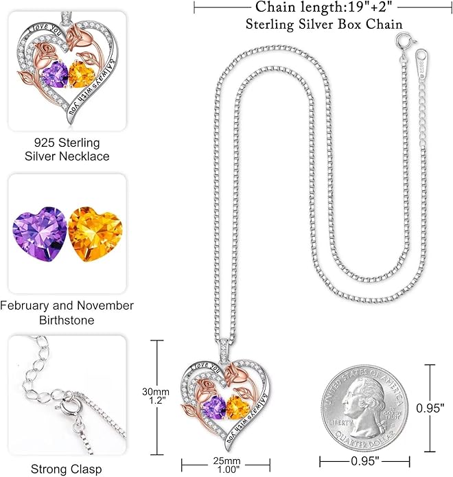 Iefil Birthstone Necklace for Women - 925 Sterling Silver Rose Heart Birthstone Necklace Birthday Anniversary Jewelry Gifts for Her Wife Mom Daughter