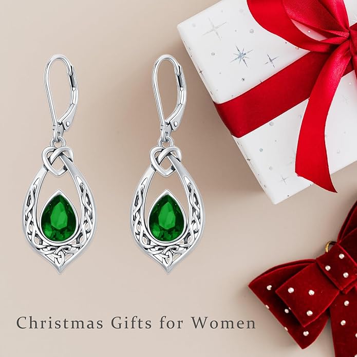Celtic Knot Dangle Earrings 925 Sterling Silver Oxidized Vintage Drop Leverback Earrings with 8 * 6mm Simulated Birthstone Crystal Christmas Jewelry Gifts for Women (Gift Box)