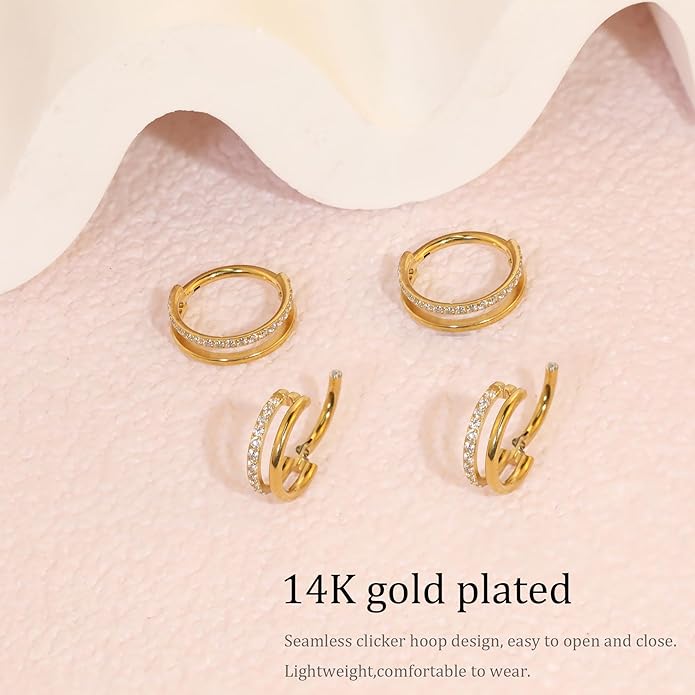 2 PCS Small Cartilage Double-Hoop Helix Conch Piercing Earrings With Cubic Zirconia For Women Trendy 14K Gold Plated Titanium Surgical Stainless Steel Sets Jewelry