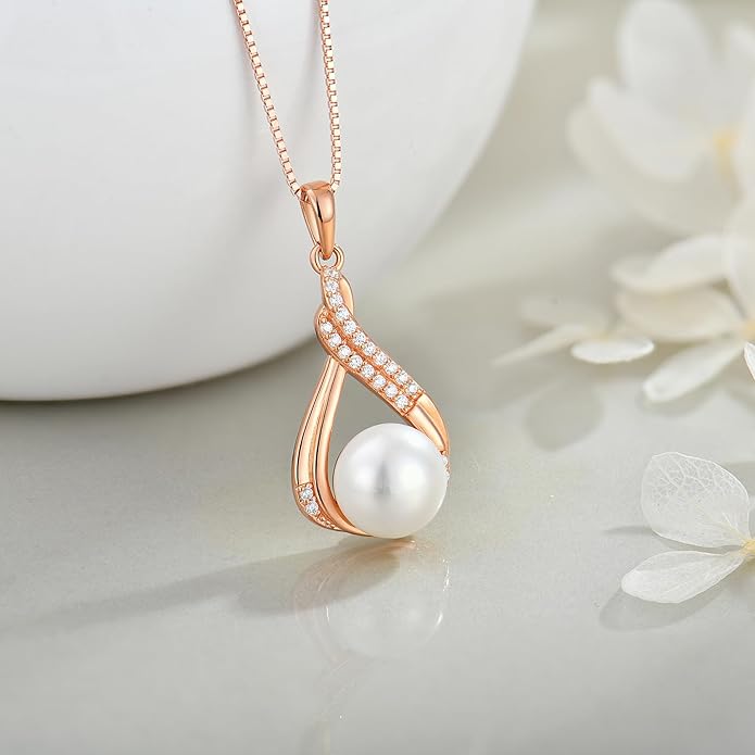 Veshon Celtic Infinity Pearl Pendant Necklace for Women, 925 Sterling Silver Good Luck Irish Pendant with 10MM Freshwater Cultured Pearl, White/Rose/ 14K Gold Plated Jewelry Gift