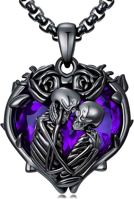 Flpruy 925 Sterling Silver Black Gothic Jewelry Gifts Skeleton Couple Pendant Crystal Birthstone Heart Necklace Punk Romantic Jewelry for Lover Men Women