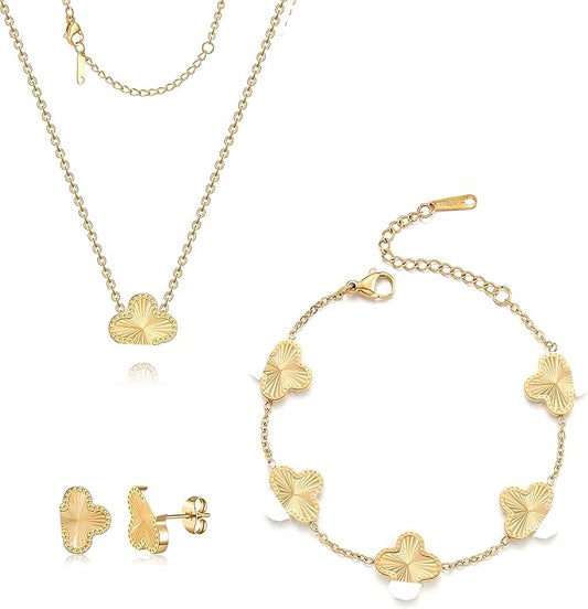 Lucky Clover Sets, 18K Gold Plated Four Leaf Bracelet, Necklace Pendant, Earrings for Women Flower Link Bracelets Set Jewelry Gifts for Women