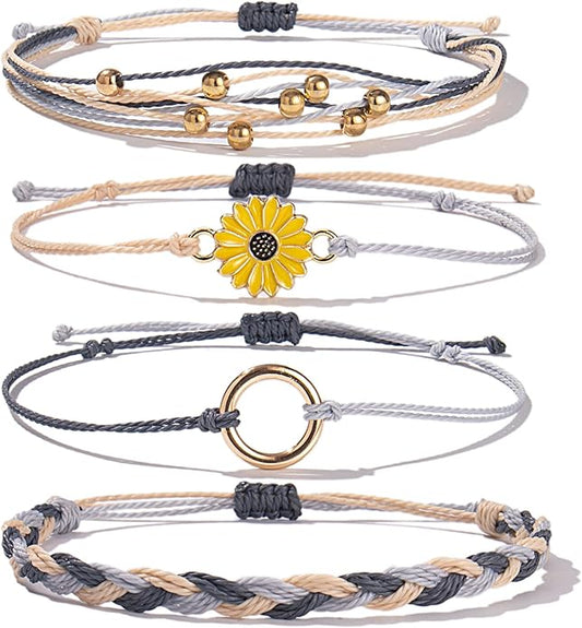 FANCY SHINY Sunflower String Bracelet Boho Braided Rope Wrap Bracelets Cute Summer Beach Surfer Jewelry for Women
