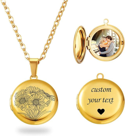 PHOCKSIN Personalized Locket Necklace for Women Photo Necklace with Customized Picture Birth Flower Birthstone New Years Gifts for Women