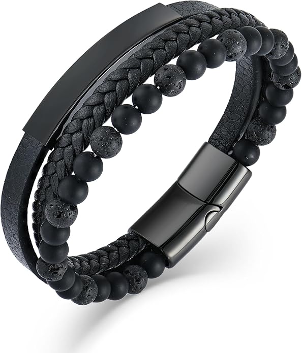 Mens Tiger Eye Matee Black Onyx Lava Rock Volcanic Stone Beaded Bracelet, Black Braided Leather Bracelet for Men