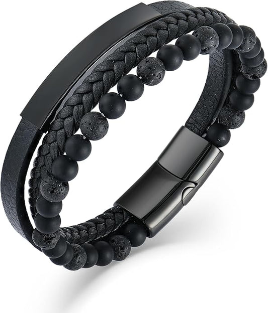 Mens Tiger Eye Matee Black Onyx Lava Rock Volcanic Stone Beaded Bracelet, Black Braided Leather Bracelet for Men