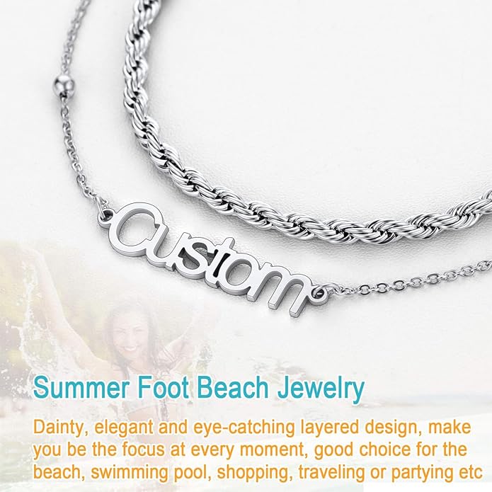 U7 Custom Layered Ankle Bracelets for Women Stainless Steel Bead/Cuban/Figaro/Rope/Wheat Chain Anklet Waterproof Anklet Jewelry for Beach Vacation