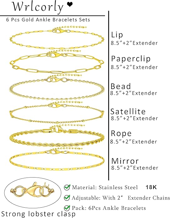 6PCS 18k Gold Plated Stainless Steel Ankle Bracelets for Women Waterproof Layered Herringbone Figaro Bead Paperclip Rope Tennis Box Cuban Link Rolo Satellite Chain Anklets Set Gold Tone