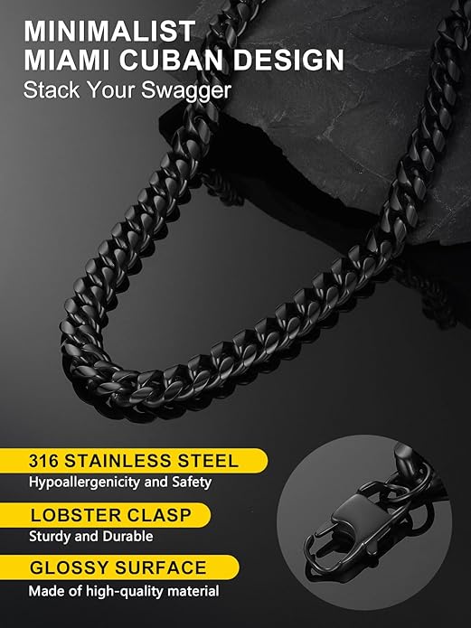 ChainsPro Chunky Miami Cuban Link Chains for Men,Stainless Steel Cuban Chain Necklace,4.8/6/10/14mm Width,No Tarnish& Thick Hip Hop Jewelry,18-30 inch Length, Black/Gold Plated/Silver,Send Gift Box