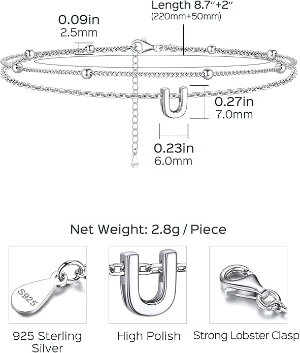 ChicSilver Ankle Bracelets for Women Waterproof, 925 Sterling Silver Initial Anklets for Women, Adjustable Dainty Layered Anklet Beach Jewelry for Women Mom Wife Friend
