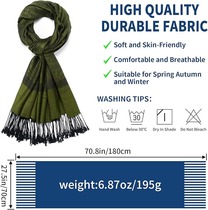 QIUTIMIY Paisley Pashmina Shawl Wrap Women Reversible Vintage Jacquard Pashmina Rave Scarf with Fringe for Evening, Wedding