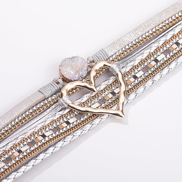 FANCY SHINY Heart Leather Wrap Bracelets Stackable Boho Cuff Bangles Trendy Resin Stone Rhinestone Bracelets with Magnetic Clasp for Women