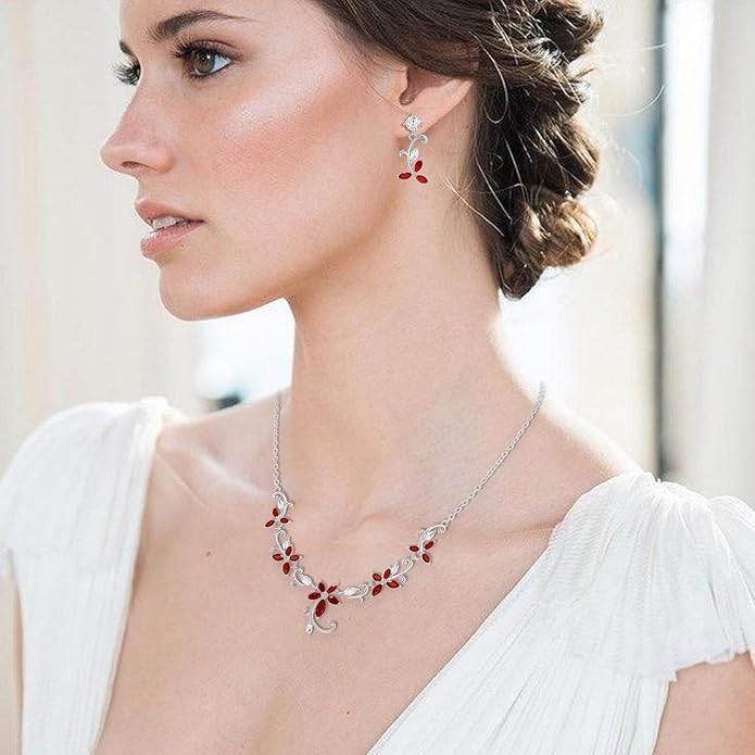 Crysdue Flower Leaf Wedding Jewelry Set for Bridal Bridemaid, Cubic Zirconia Teardrop Elegant Silver/14K/Rose Gold Plated Vine Necklace Dangle Earrings for Prom Party