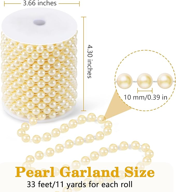 33 Feet Faux Pearl Garland, 10mm Pearl String Roll Strands, Extended String of Pearls Garland for Christmas Tree Wedding Party Decoration Centerpieces Flowers DIY Crafts (Ivory)