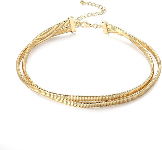 Chunky Stainless Steel Choker Necklace For Women, Gold Striped Flat Snake African Collar Exaggerated Necklace with Adjustable Chain Choker Jewelry for Women
