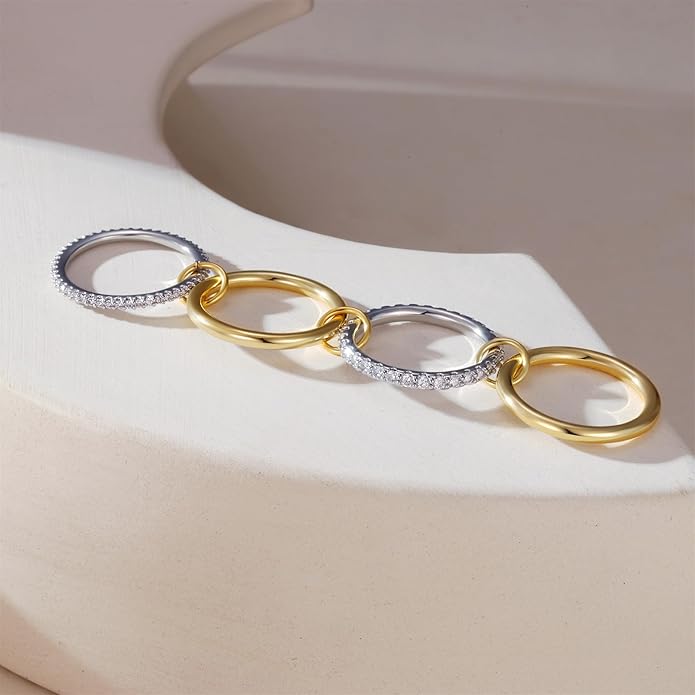 FUSAHURIY 2PCS Gold Stackable Rings Set for Women, 14K Gold Plated Interlocking Linked Rings with Cubic Zirconia, Gold Silver Mixed Metal Stackable Ring, Statement Jewelry Gifts