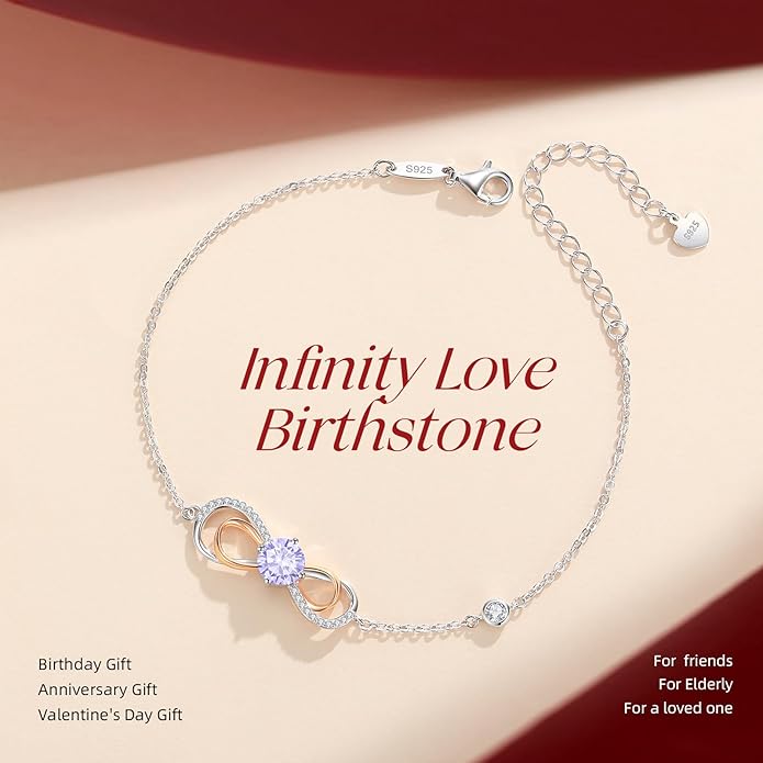 LOUISA SECRET Rose Gold Infinity Heart Bracelet for Women, Adjustable Chain 925 Sterling Silver Link Birthstone Bracelets, Best Anniversary Birthday Jewelry Gifts for Women Mom Wife Her