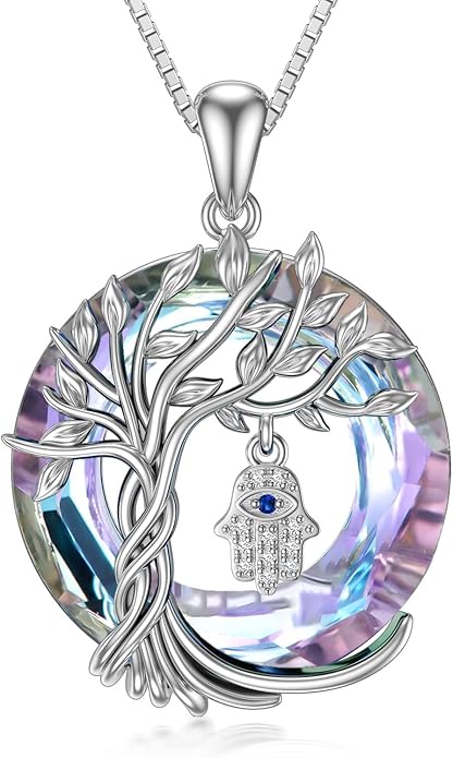 TOUPOP Evil Eye Necklace 925 Sterling Silver Tree of Life Circle Crystal Pendant Necklace Protection Jewelry Amulet Christmas Gifts for Women Her