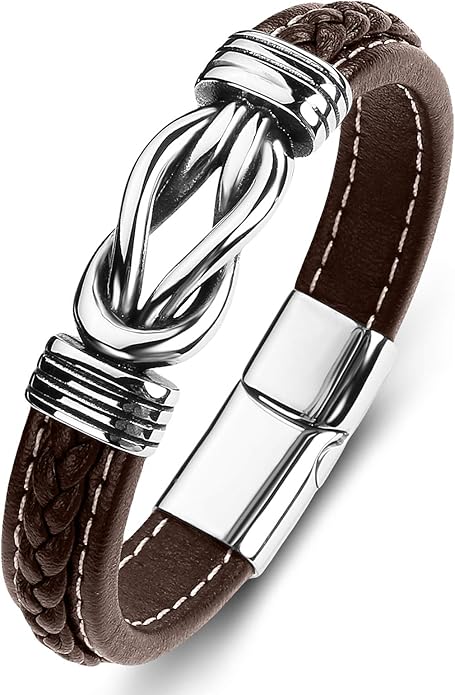 Mens Leather Bracelet,Braided Leather Wristband Cuff Bracelets Stainless Steel Clasp,Jewellery Gift for Men