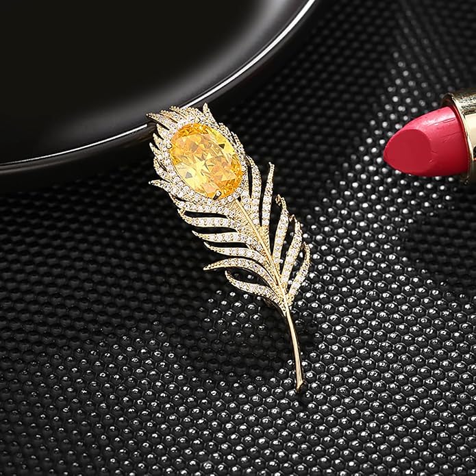 14K Gold Feather Brooch Pin with Moissanite Inlay - Elegant Coat and Suit Accessory for Women, Fashionable Business Attire Enhancement