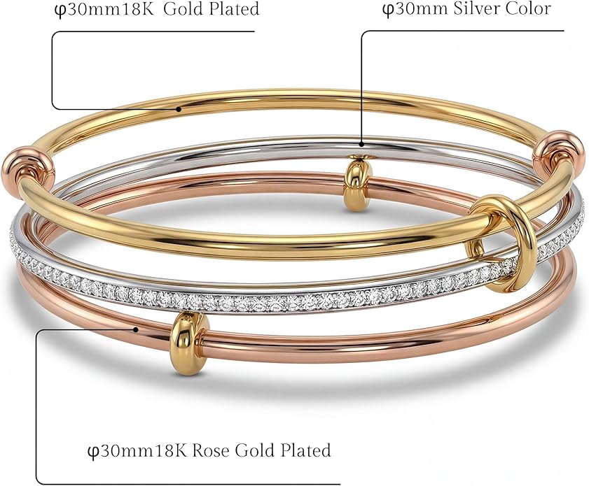 Musishiyu Gold Bracelets for Women Stacking Bangle - 18K Mixed Metal Tri-Color Rolling Interlocking Bands, Cubic Zirconia Fidget Anxiety Jewelry, Valentine's Galentine's Day Gifts (Love, Loyalty, Friendship)