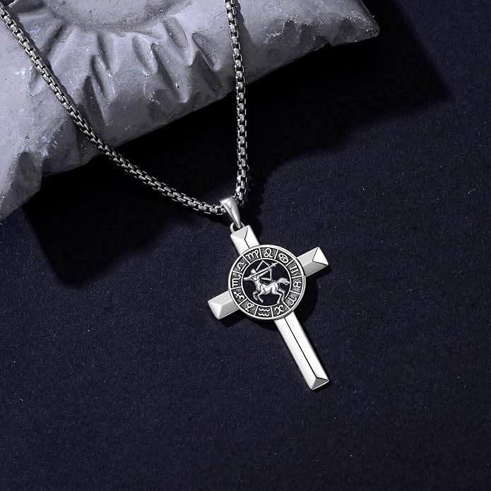MEIDERBO Cross Zodiac Necklace 925 Sterling Silver 12 Constellation Horoscope Astrology Pendant Necklace Zodiac Sign Jewelry Gifts for Men Women