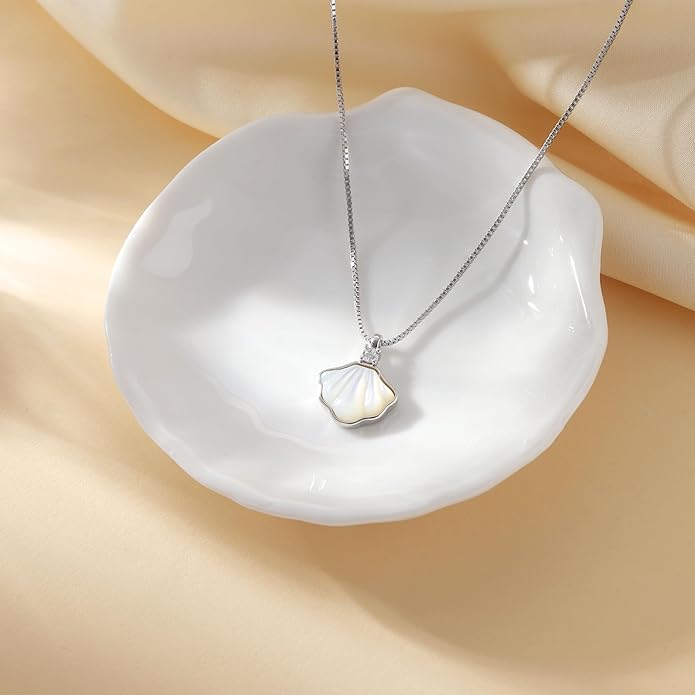 Mother of Pearl Fan Pendant Necklace -Sterling Silver Necklace, Size 16 Inch, Dainty Ocean-Inspired Jewelry for Women, Perfect for Daily Wear and Gifting