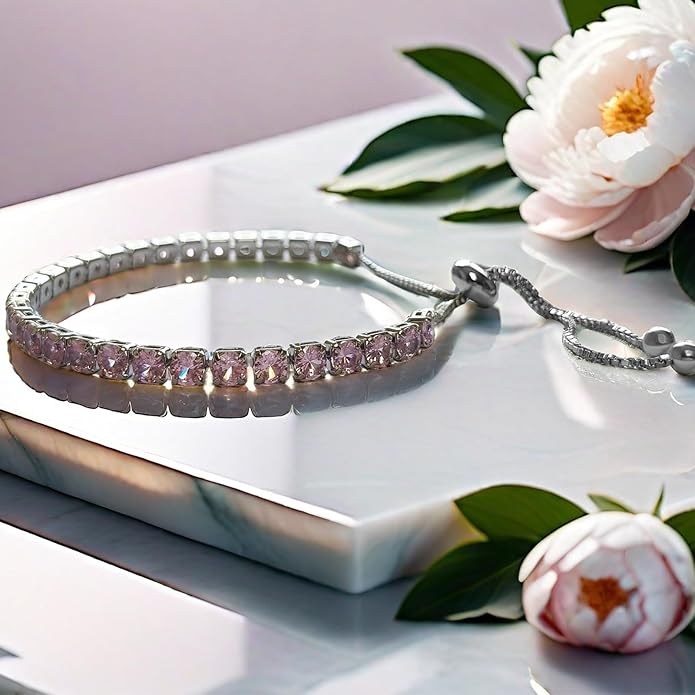 Italian Sterling Silver Women's Tennis Bracelets | Ladies' Sterling Silver Rope Adjustable Bracelet with Crystals | Gift for She