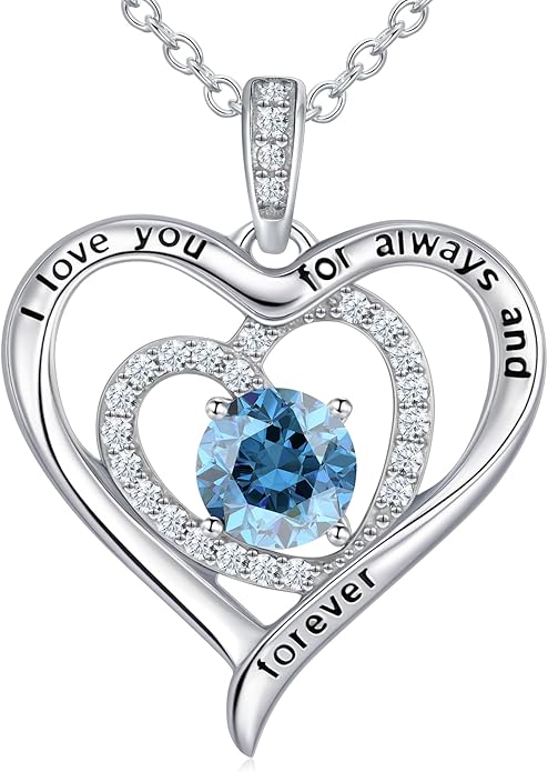 S925 Sterling Silver Necklace for Women, Christams Gift for Women, Love Heart Birthstone Necklaces for Women, Wife Jewelry, Mom Birthday Valentines Mothers Day Gifts, Girlfriend Necklaces, Daughter Heart Jewel, Anniversary for Her