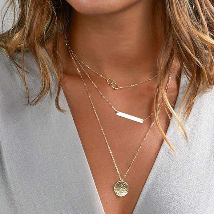 Turandoss Dainty Layered Choker Necklace, Handmade Y Pendant Necklace Multilayer Bar Disc Necklace Adjustable Layering Choker Necklaces for Women
