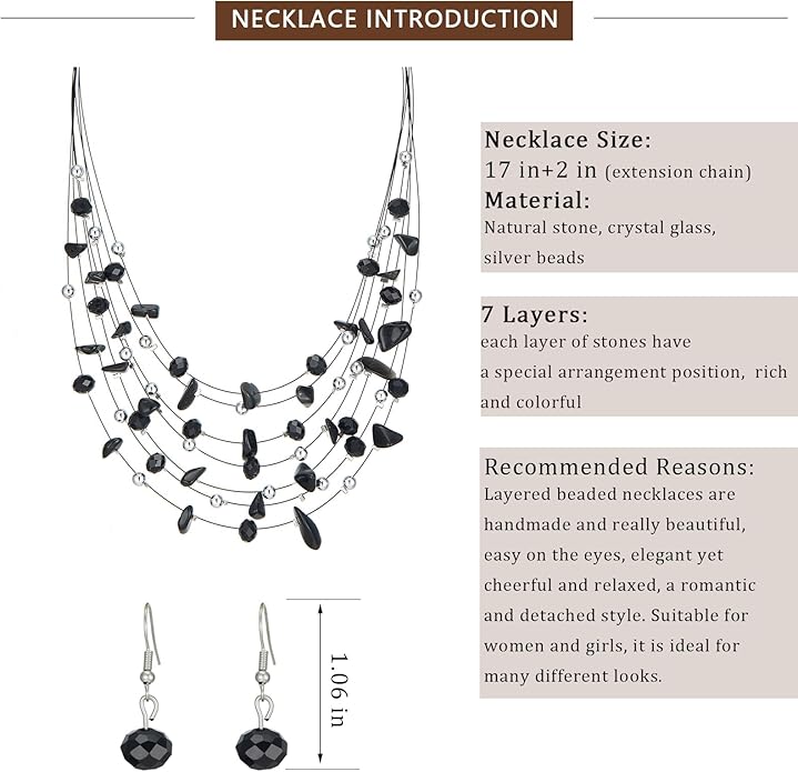 Multi-Layer Boho Shell Beaded Necklace for Women Colorful Crystal Strand with Silver Beads Statement Collars Necklace and Earrings Costumes Jewelry Sets for Women