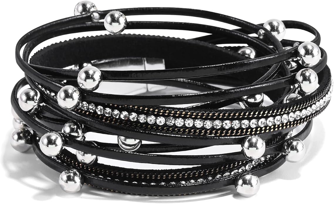 ENGCKSHI Wrapped Bracelets for Women,Leather Bracelet,Boho Bracelets for Women,Multi-Layer Pearl Crystal Bracelet Bangle Jewelry