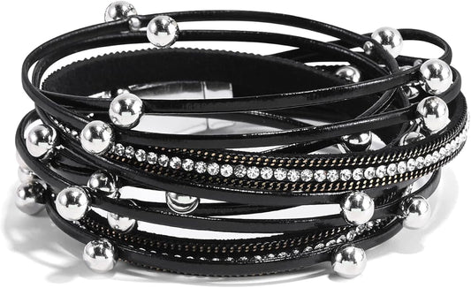 ENGCKSHI Wrapped Bracelets for Women,Leather Bracelet,Boho Bracelets for Women,Multi-Layer Pearl Crystal Bracelet Bangle Jewelry