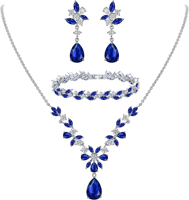 EleQueen Women's Wedding Bridal Jewelry Set for Brides Bridesmaids, Silver/14K Gold/Rose Gold Plated Cubic Zirconia Teardrop Necklace Dangle Earrings Bracelet Sets for Party Prom