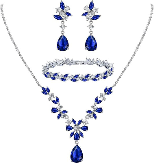 EleQueen Women's Wedding Bridal Jewelry Set for Brides Bridesmaids, Silver/14K Gold/Rose Gold Plated Cubic Zirconia Teardrop Necklace Dangle Earrings Bracelet Sets for Party Prom